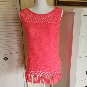 Lilly Pulitzer Open Weave Knit Sleeveless Top Neon Pink Small Tassels Barbiecore